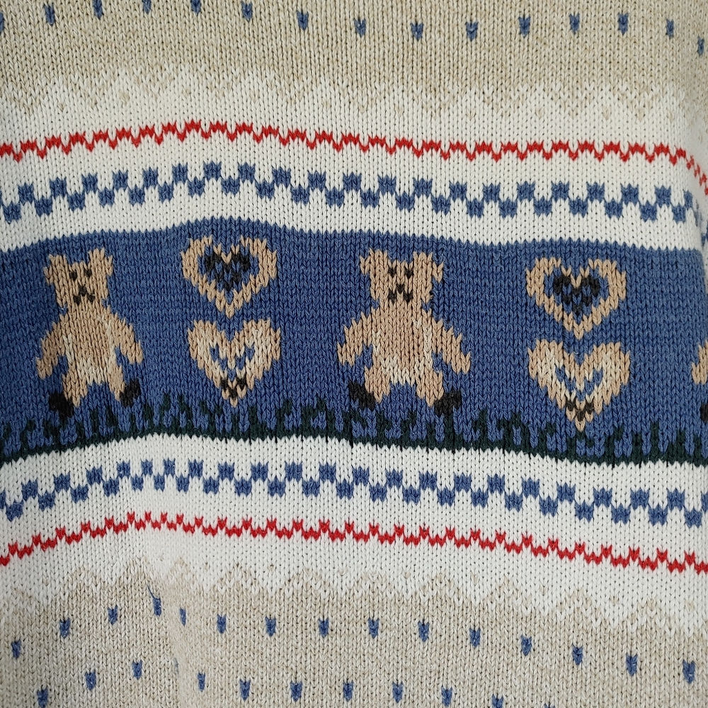 Vintage Cottage Cove Cardigan Knit Sweater Teddy Bear Hearts Size Medium Grandma - Picture 12 of 14